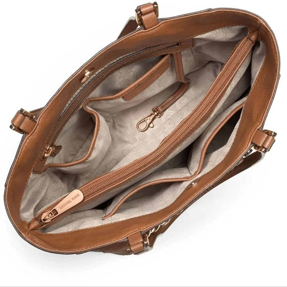 Michael Kors Tan Work Tote Pebbled Leather Gold Medium Harper Everyday Work Bag - Picture 16 of 16
